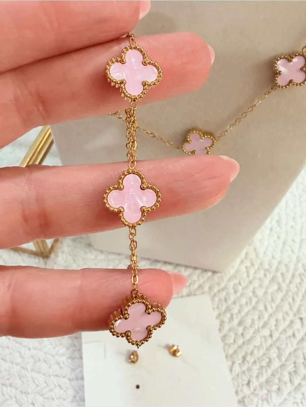 Pink Clover 4-Piece Stainless Steel Jewelry Set – Necklace Bracelet Ring Earring
